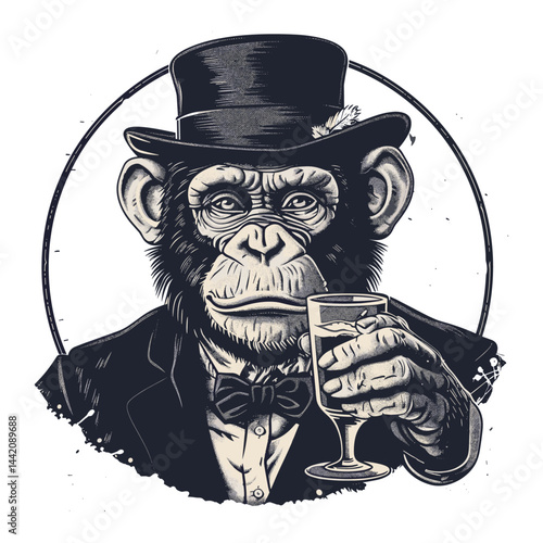 Vintage illustration, monkey holding cocktail, retro style emblem, engraved black sketch, trendy bar artwork, classic animal design, pub logo art, hand drawn mixology animal