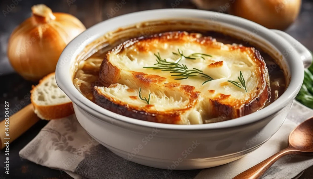 Traditional french onion soup in a ceramic bowl.