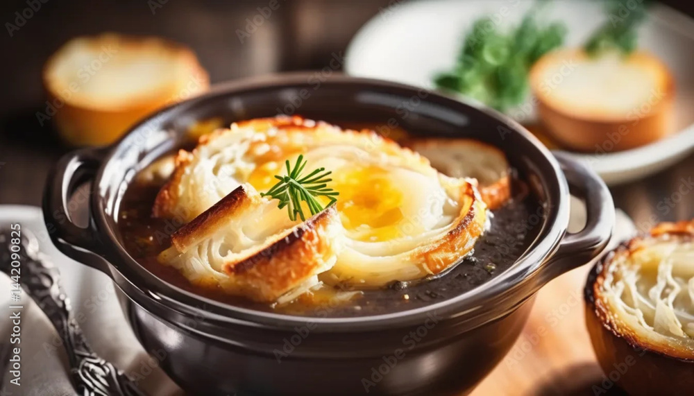 Traditional french onion soup in a ceramic bowl.