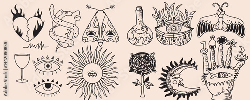 Hand-drawn vintage mystical and magic symbols illustration