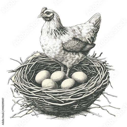 Vintage black sketch of hen with eggs and nest, minimalistic hand-drawn engraving style, rustic chicken illustration, farmhouse poultry art, retro homestead decor, country living