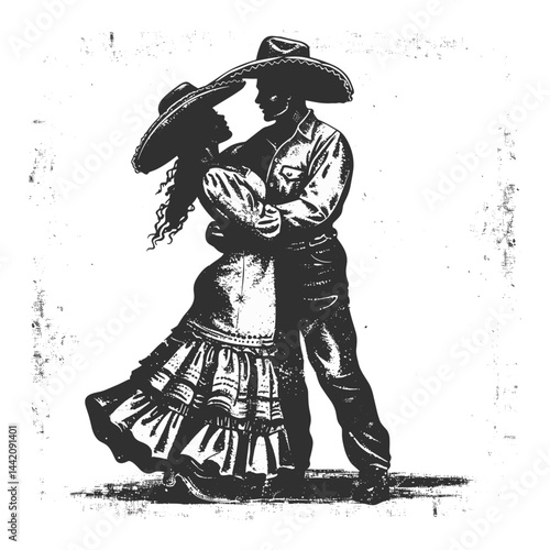 Minimalist black vintage emblem, dancing Mexican couple sketch, old engraving drawing, trendy Mexican folk art, hand drawn Latin dance icon, retro fiesta poster illustration,