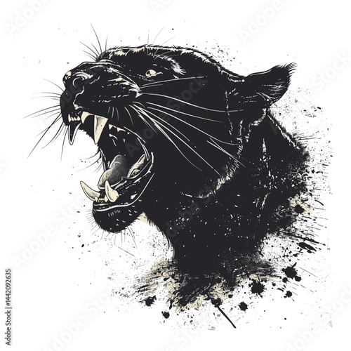 Bold panther roaring silhouette, minimalist black head sketch, fierce wild cat vintage style, trendy engraving art, retro jungle beast illustration, modern wildlife graphic, strong animal design