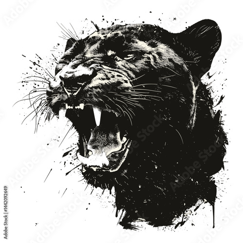 Vintage roaring panther head sketch, fierce black silhouette minimalist, old engraving style, trendy jungle wild cat art, retro predator drawing, bold feline artwork, modern animal illustration