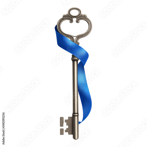 Vintage Skeleton Key with Blue Satin Ribbon for Decorative Purposes Isolated on transparent background