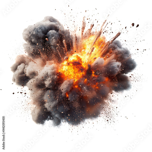 Dynamic explosion illustration with vibrant colors and realistic smoke effects, suitable for action and disaster-themed projects. High-quality 3D render in PNG format with transparent background.