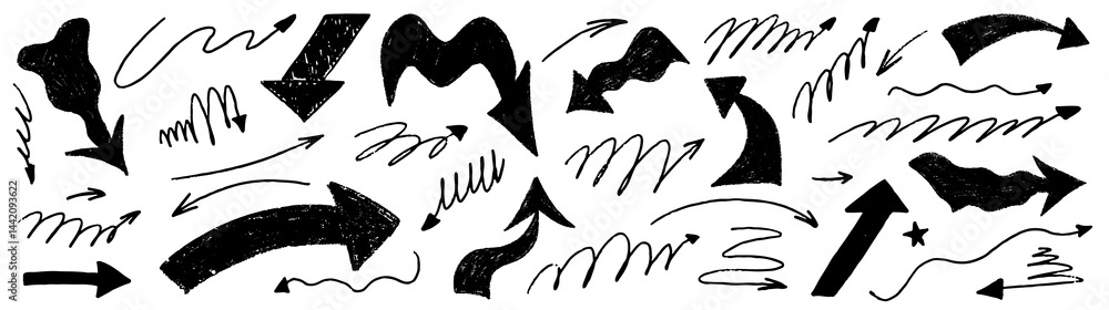 Obraz premium Arrow bold sketch with texture crayon chalk. Scribble hand drawn set arrow bold. Line crayon chalk set, Vector illustration