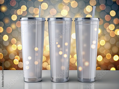3 White Skinny Tumblers Mockup - Bokeh Effect 20oz