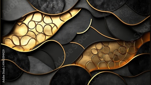 Minimalist abstract design with black and gold curves on a dark background, exuding a modern and elegant aesthetic. 