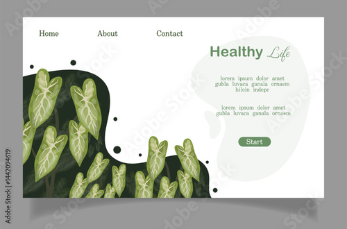 Clean green landing page template with leaf decoration