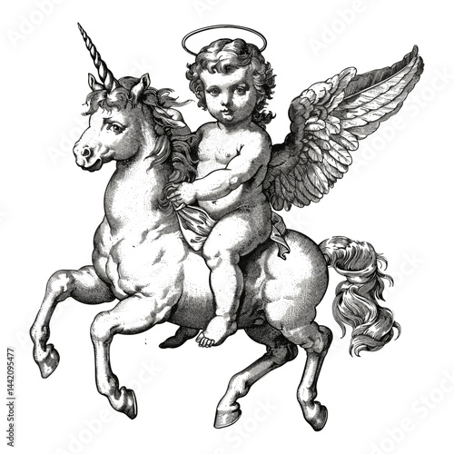 Old vintage engraving of baby angel cherub on unicorn, black white sketch, hand drawn graphic, logo emblem icon, isolated object, classic illustration, antique artwork, magical creature