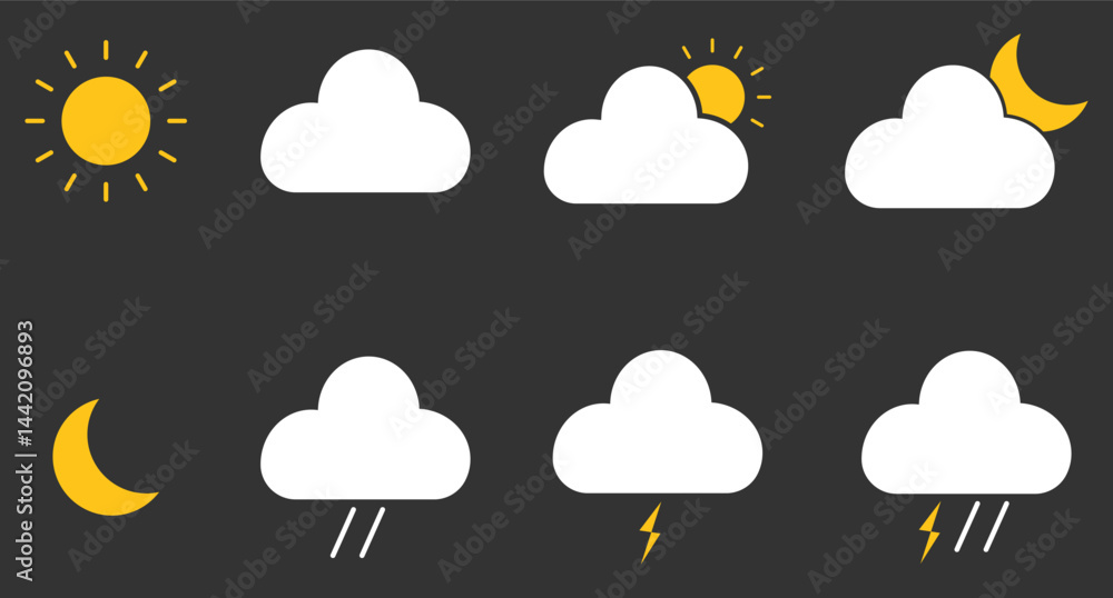 Cloud, Sun, Rain, Moon icons set. Weather for app and website. Weather for desktop isolated. Sun, moon, cloud, rain drops, lightning. Mobile interface template. Vector illustration. Cloud, Sun, Rain, Moon icons set. Weather for app and website. Weather for desktop isolated. Sun, moon, cloud, rain drops, lightning. Mobile interface template. Vector illustration.