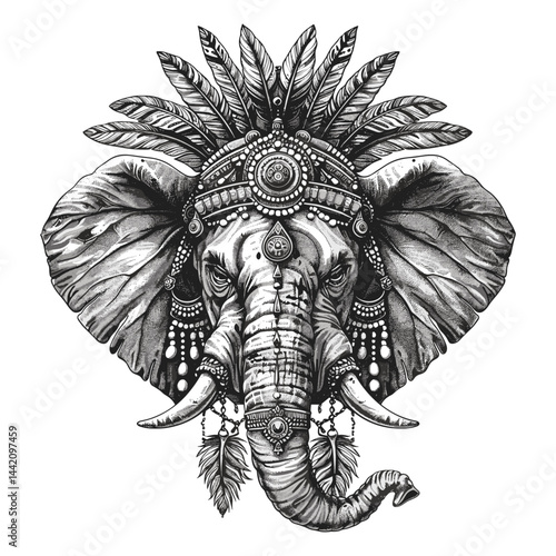 Hand drawn Indian elephant with jewelry and feathers, old engraving style, vintage black and white sketch, logo, emblem, icon, cut out, isolated object, antique animal art