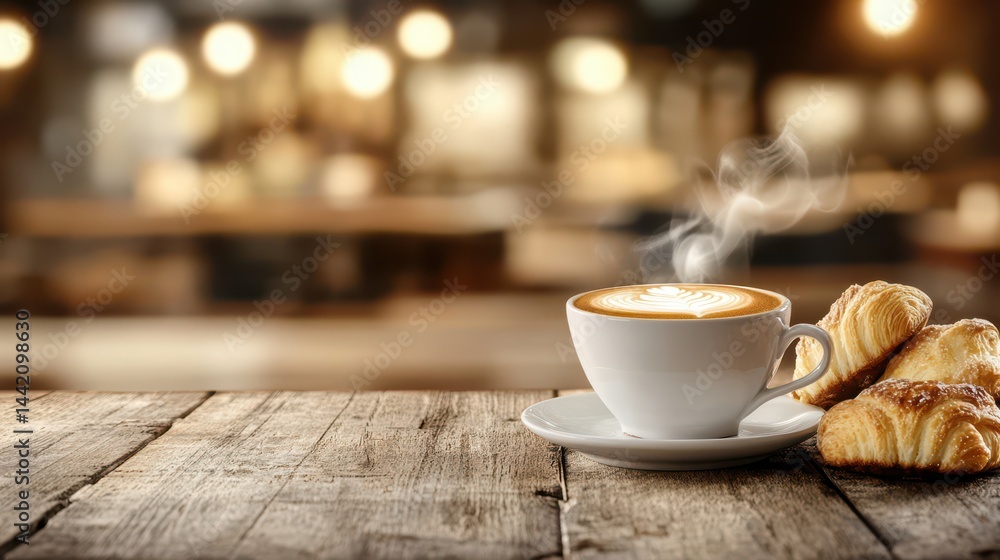 Coffee Break: A steaming cup of latte art coffee sits on a rustic wooden table alongside some freshly baked croissants, with a blurred cafe background.