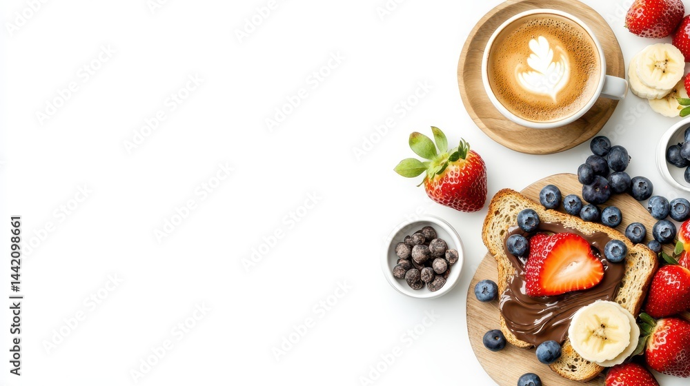 Breakfast Delight: A gourmet breakfast arrangement features a vibrant cappuccino, delectable toast, fresh berries, and chocolate chips. A symphony of flavors.