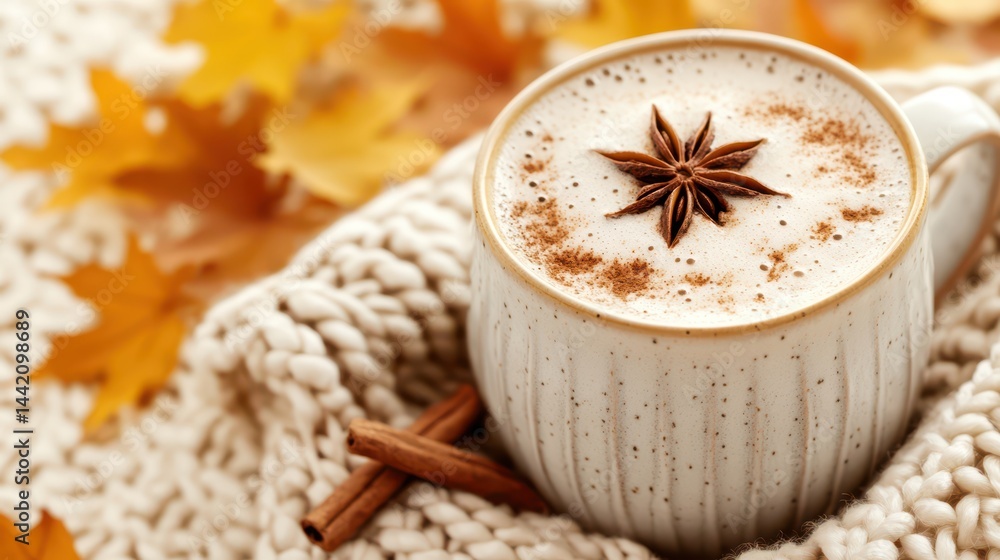 Autumn Spice Latte: A warm and inviting autumn spice latte, garnished with a star anise, sits nestled in a cozy knit scarf, surrounded by fallen autumn leaves.
