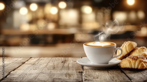 Obraz na płótnie Coffee Break: A steaming cup of latte art coffee sits on a rustic wooden table alongside some freshly baked croissants, with a blurred cafe background. w salonie