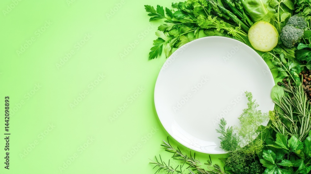 Greenery's Culinary Canvas: A minimalist presentation featuring a pristine, empty plate surrounded by a vibrant array of fresh, green herbs and vegetables, symbolizing health and wholesome dining.