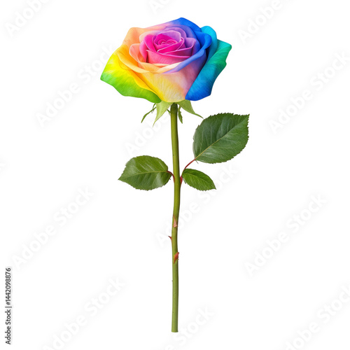 Rainbow Rose with Green Leaves on Stem Isolated on White Isolated on transparent background