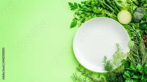 Obraz na płótnie Greenery's Culinary Canvas: A minimalist presentation featuring a pristine, empty plate surrounded by a vibrant array of fresh, green herbs and vegetables, symbolizing health and wholesome dining. w salonie