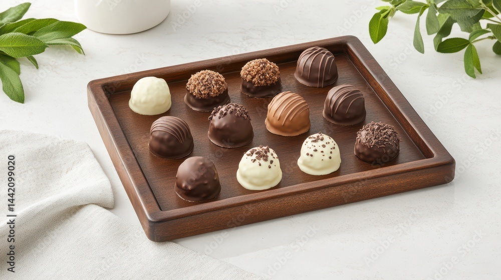 Exquisite Chocolate Truffles: A luxurious assortment of handcrafted chocolate truffles, elegantly arranged on a rustic wooden tray.
