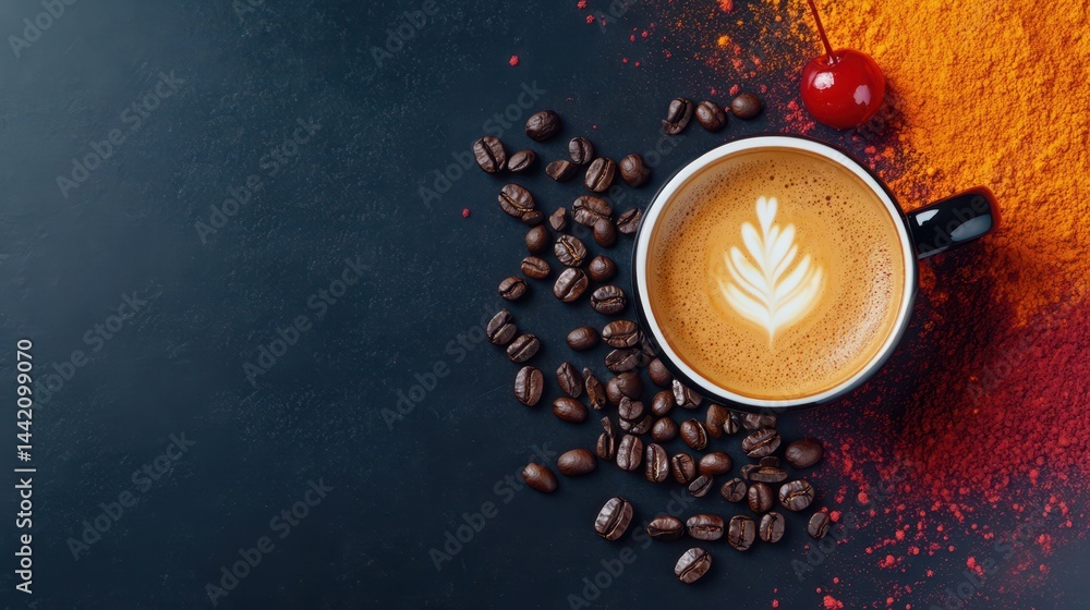 Latte Art Delight: A beautifully crafted latte, adorned with intricate foam art, is nestled beside a scattering of roasted coffee beans and a vibrant cherry, offering a rich coffee experience.