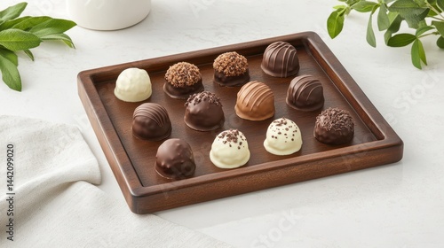 Obraz na płótnie Exquisite Chocolate Truffles: A luxurious assortment of handcrafted chocolate truffles, elegantly arranged on a rustic wooden tray. w salonie