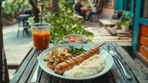 Grilled Sausage with Mashed Potatoes Salad and Salsa on Rustic Wooden Table Outdoors