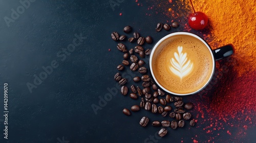 Obraz na płótnie Latte Art Delight: A beautifully crafted latte, adorned with intricate foam art, is nestled beside a scattering of roasted coffee beans and a vibrant cherry, offering a rich coffee experience. w salonie