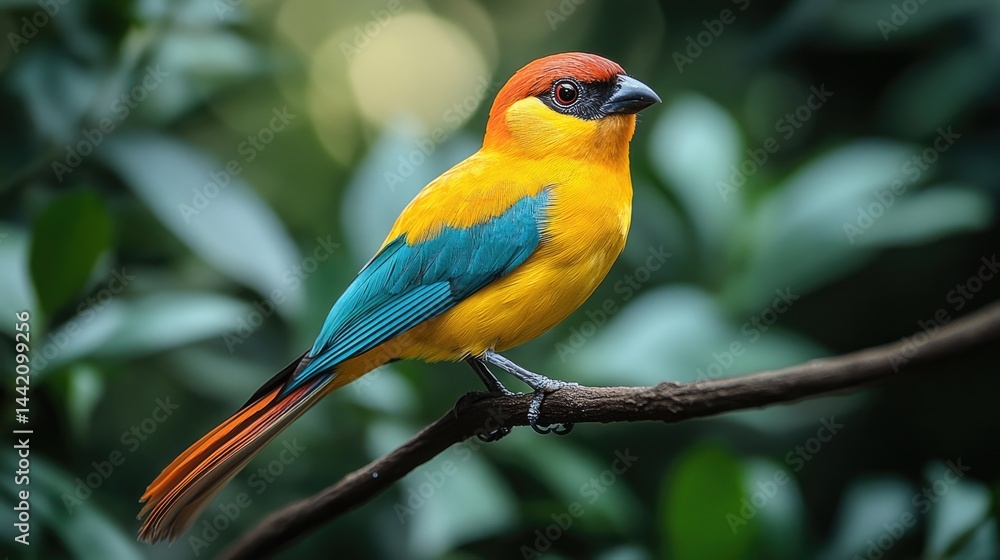 A vibrant island bird perched on a branch, colorful feathers and a multicolored tail. A multi colored Gouldian Finch on its perch. A vibrant island bird perched on a branch, colorful feathers and a multicolored tail. A multi colored Gouldian Finch on its perch.