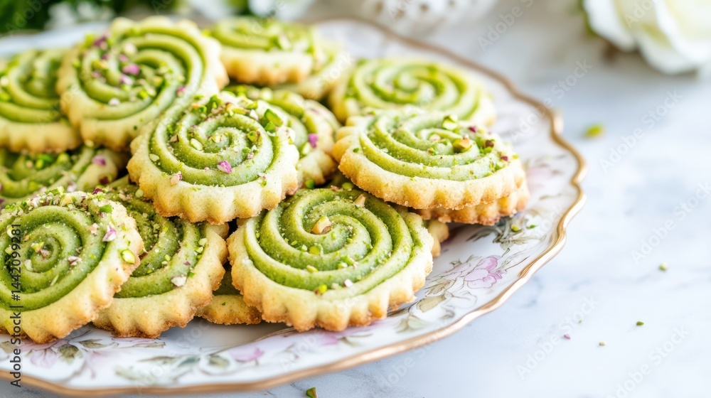 Pistachio Cookies Delight: An enticing close-up of meticulously crafted pistachio cookies, artfully arranged on a decorative plate, a perfect treat for any occasion.