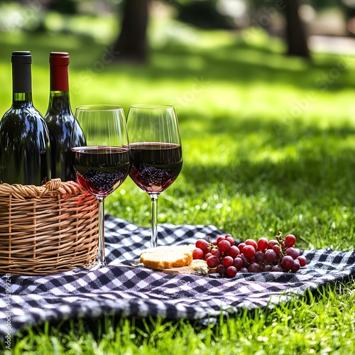 Fototapeta Naklejka Na Ścianę i Meble -  Romantic Picnic Scene with Red Wine Bottles and Glasses