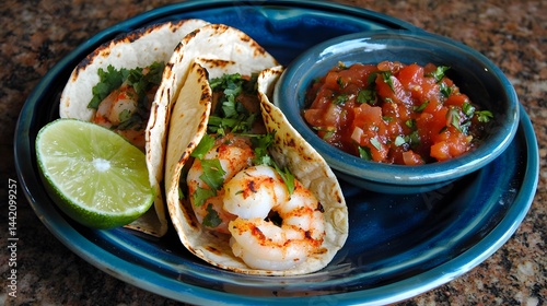 Delicious Shrimp Tacos with Fresh Cilantro Salsa and Lime on Blue Plate