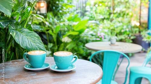 Obraz na płótnie Serene Coffee Moment: Two inviting turquoise cups of coffee, each brimming with a rich crema, sit poised on a rustic wooden table, surrounded by a lush, green oasis and soft daylight. w salonie