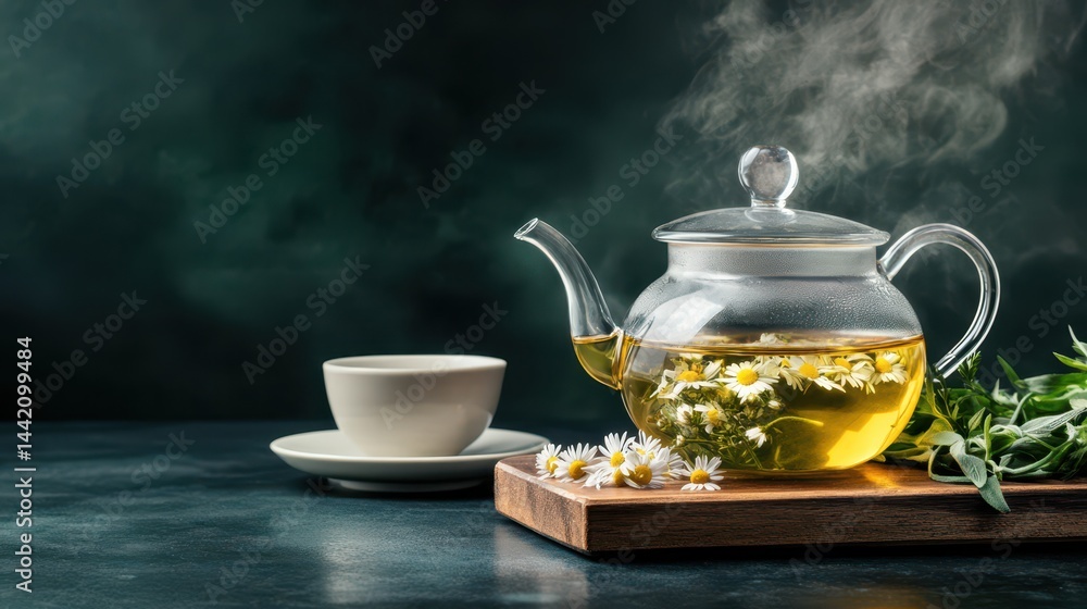 Tranquil Tea Ritual: A serene composition of a glass teapot filled with herbal tea, accompanied by a teacup on a saucer, set against a softly blurred background.