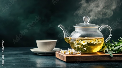 Obraz na płótnie Tranquil Tea Ritual: A serene composition of a glass teapot filled with herbal tea, accompanied by a teacup on a saucer, set against a softly blurred background. w salonie