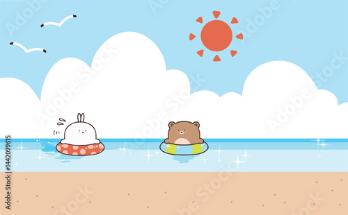 夏の晴れた日に海水浴をするクマとウサギ