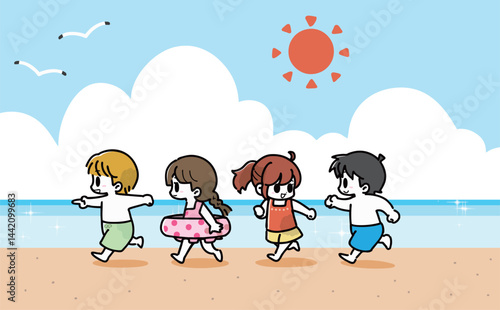 海で走り回りながら遊ぶ子供たち