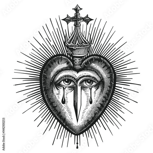 Hand with daggers, heart and mystical sacrifice, all-seeing eye, magical occult emblem, vintage tattoo sketch, vector engraving, esoteric art, alchemy symbol, occult drawing