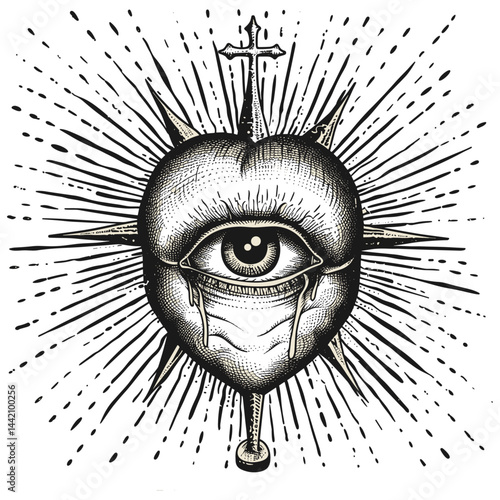 Mystical sacrifice, hand and daggers in the heart, all-seeing eye, occult emblem, vintage black engraving, magical vector illustration, tattoo sketch, witchcraft symbol