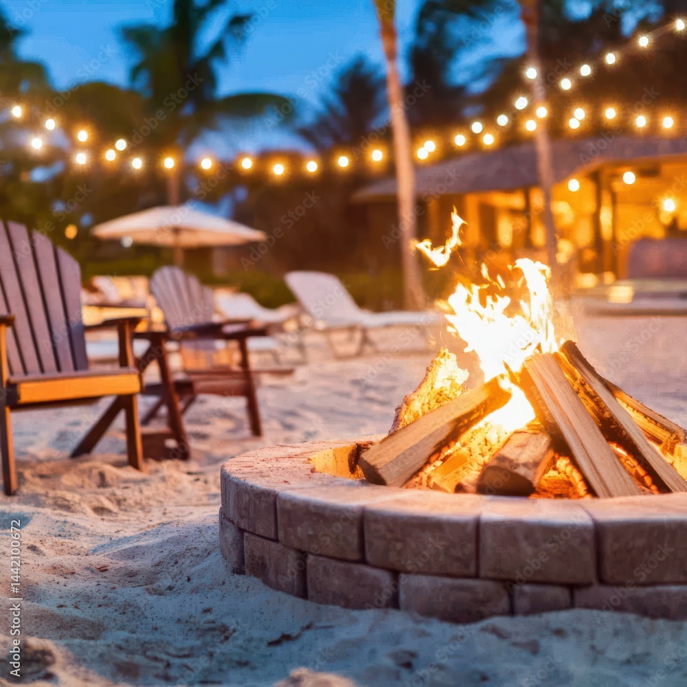 Beach Bonfire Night: A crackling bonfire casts a warm glow on a tranquil beach scene at dusk, creating a magical atmosphere with comfortable adirondack chairs and string lights.