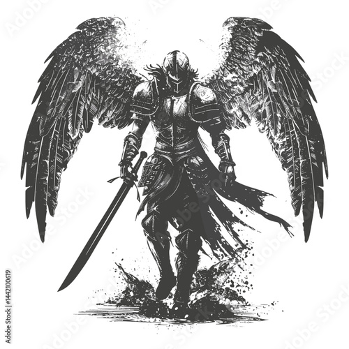 Holy protection, guardian angel, defender sword, vintage engraving, black vector, isolated object, sketch logo, archangel vector art, antique religious illustration, hand sketched figure