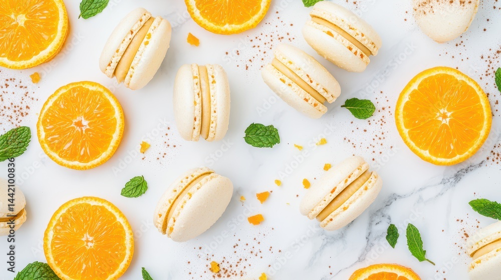 Orange Macarons: A top-down view captures the beauty of vibrant orange slices scattered amidst delicate, cream-colored macarons, offering a tempting visual of sweet treats.