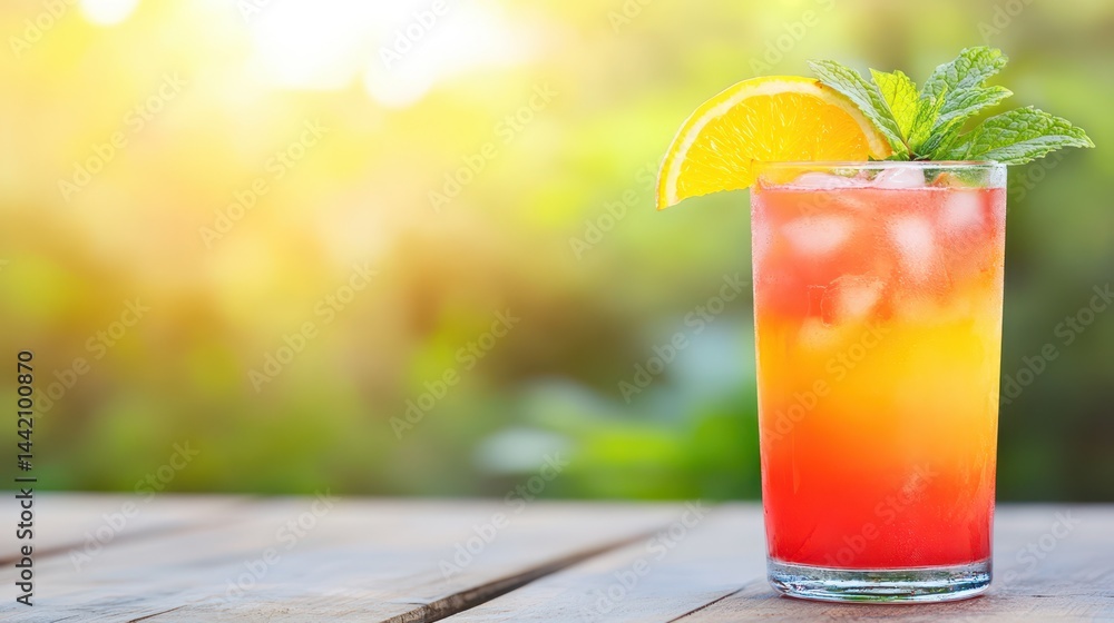 Tropical Sunset Cocktail: A refreshing and vibrant cocktail with layers of red, orange, and yellow, garnished with an orange slice and mint, creating a captivating visual symphony.