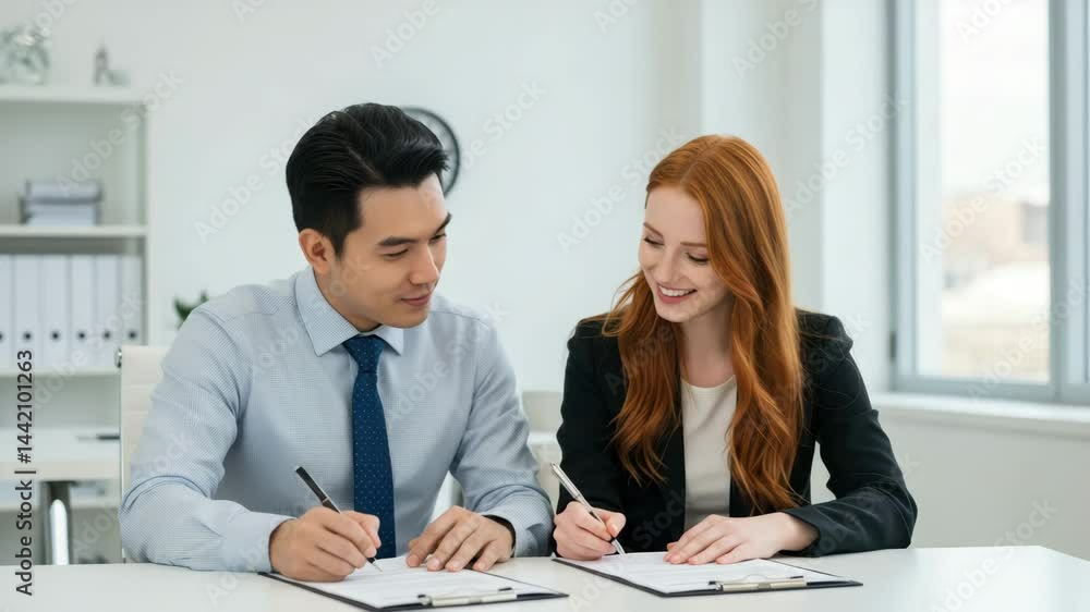 Two business professionals are working together, discussing ideas and taking notes Two business professionals are working together, discussing ideas and taking notes