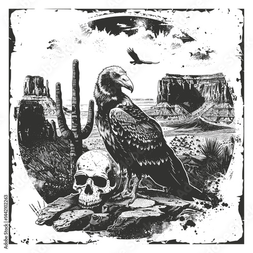 Grand Canyon round emblem print, Arizona, desert, USA, vintage vector, vulture, cactus, skull, black flat sketch, old engraving style, trendy vintage art, western nature illustration