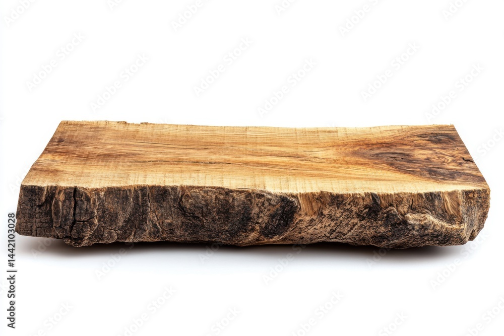 Fototapeta premium A wooden slab with bark edges lying horizontally on a white surface in a studio setting view from side