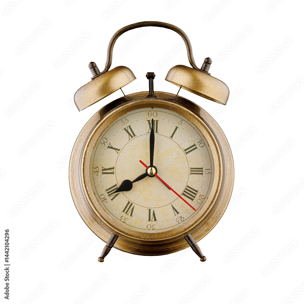 alarm clock, vintage clock with time 8 hours 00 minutes, a.m. 8:00, p.m. 8:00, on isolated white background close-up