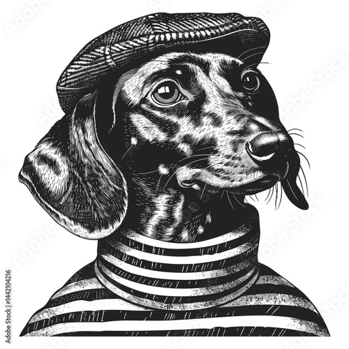 Retro fashion, French dachshund in beret and striped T-shirt, old engraving, vintage illustration, trendy emblem logo, black sketch, nostalgic dachshund artwork, stylish retro design.