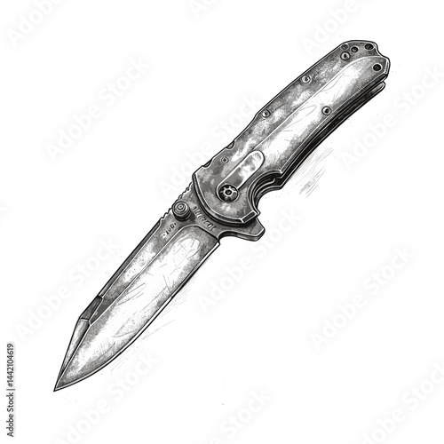 Folding knife vintage logo, black sketch engraving, retro style emblem, trendy knife icon, old classic illustration, craftsmanship engraving, black line drawing, vintage artwork, knife emblem
